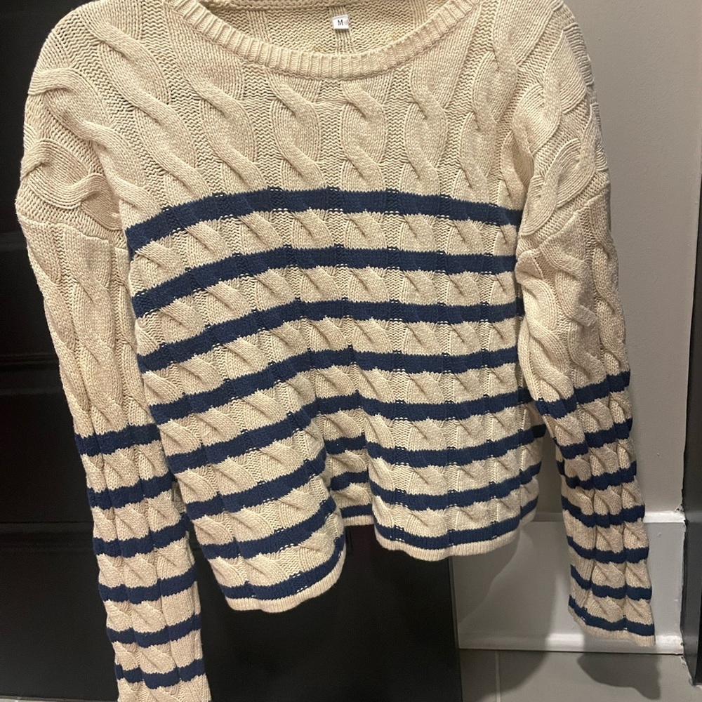 Cream and Navy Striped Cable Knit Sweater